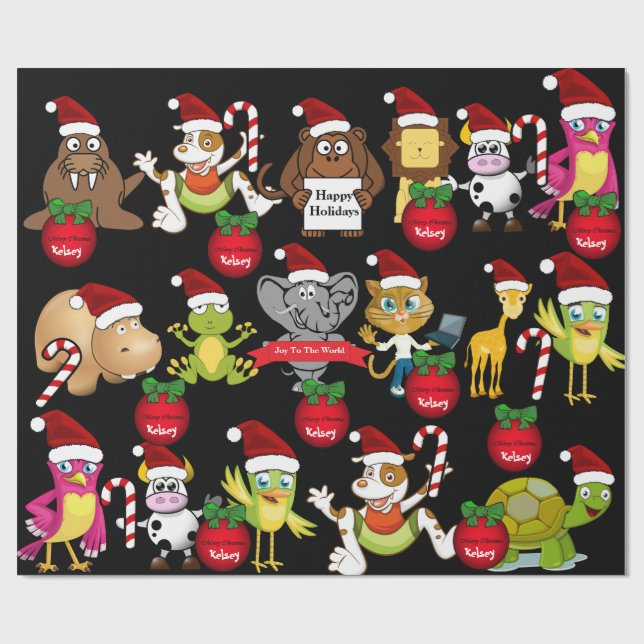 Papier Cadeau Animaux Noël avec/Nom personnalisé (Plat)