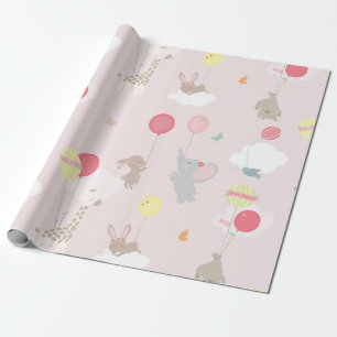 Papier Cadeau Animaux roses Nuages Ballons Bébé