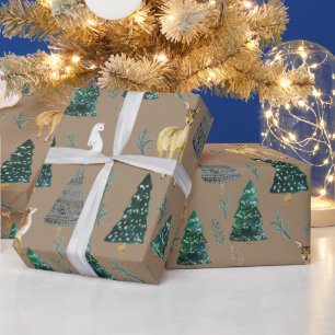 Papier Cadeau Animaux rustiques d'hiver Kraft Épinette verte