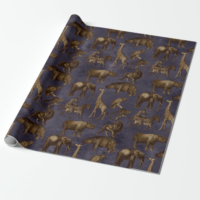 Papier Cadeau Animaux Safari sur violet foncé (Déroulé)