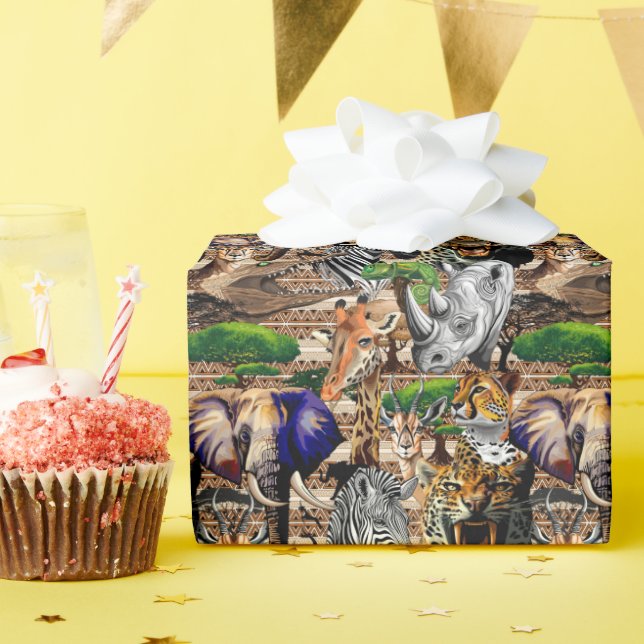 Papier Cadeau Animaux sauvages de la Savane africaine (Fête d'anniversaire)