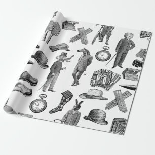 Papier Cadeau animaux victoriens antiques noir blanc toile homme