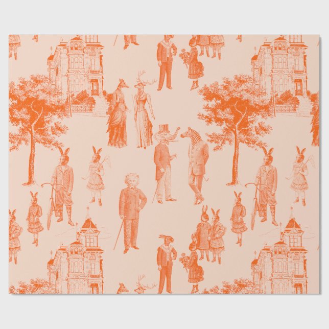 Papier Cadeau animaux victoriens antiques orange toile (Plat)