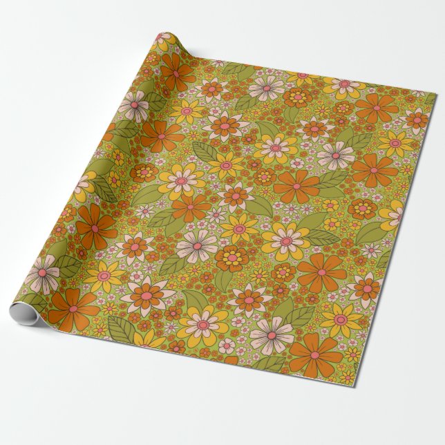 Papier Cadeau Années 1960, 1970 Vert & Orange Retro Floral (Déroulé)