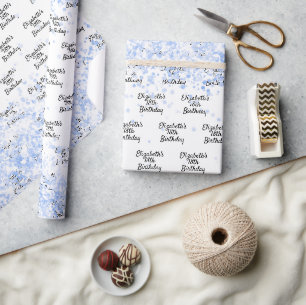 Papier Cadeau Anniversaire blanc bleu clair confetti nom étincel