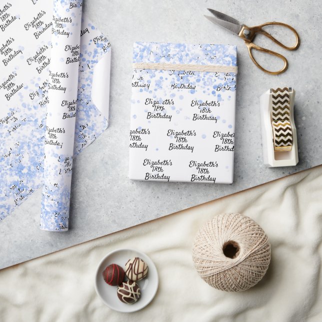 Papier Cadeau Anniversaire blanc bleu clair confetti nom étincel (Artisanat)