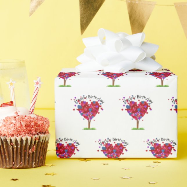 Papier Cadeau Anniversaire Coeur Arbre Sur Blanc (Fête d'anniversaire)