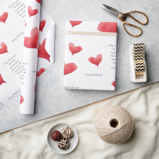Papier Cadeau Anniversaire Coeur d'aquarelle | Rouge et pourpre (Artisanat)