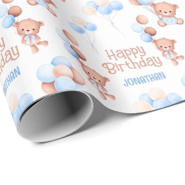 Papier Cadeau Anniversaire de enfant de ballon mignon Ours Teddy (Coin rond)