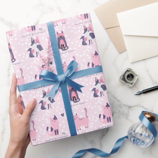 Papier Cadeau Anniversaire de enfant de chats mignons roses et v (Cadeaux)