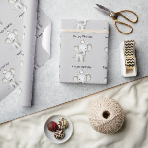 Papier Cadeau Anniversaire d'Éléphant et d'Oiseau