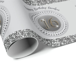 Papier Cadeau Anniversaire élégant Sweet 16, paillettes noires e