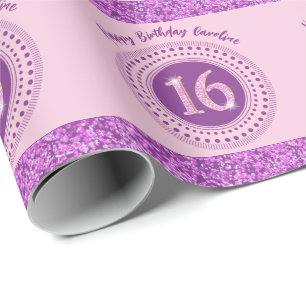 Papier Cadeau Anniversaire élégant Sweet 16, paillettes roses et