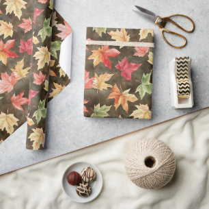 Papier Cadeau Anniversaire Feuilles Vertes Jaunes Rouges Automne