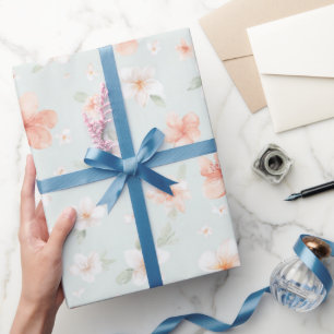 Papier Cadeau Anniversaire Floral Blanc Pêche Menthe Tropicale
