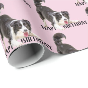 Papier Cadeau Anniversaire Frontière Collie sur rose