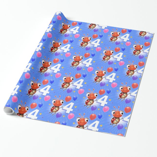 Papier Cadeau Anniversaire Garçon ou fille de 4 ans 4 Ladybug pa (Déroulé)