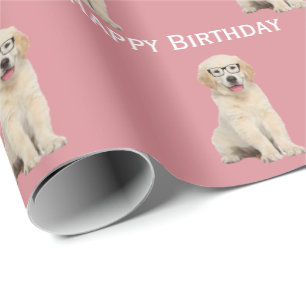 Papier Cadeau Anniversaire Golden Retriever Chiot Avec Verres En
