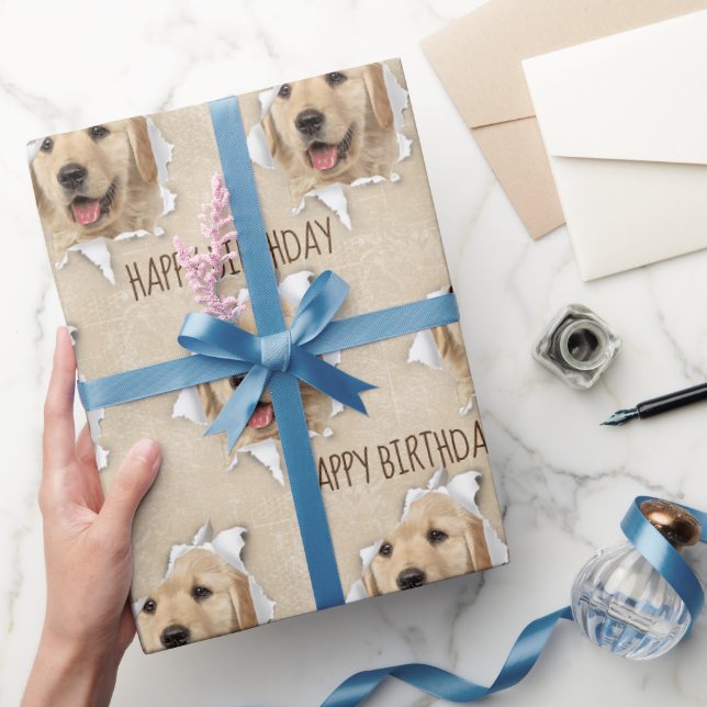 Papier Cadeau Anniversaire Golden Retriever dans trou de papier (Cadeaux)