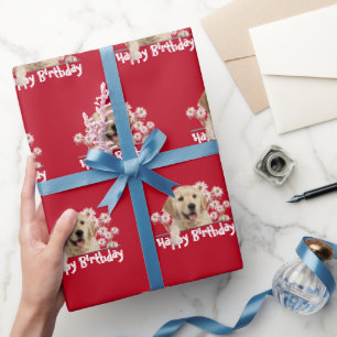 Papier Cadeau Anniversaire Golden Retriever sur rouge