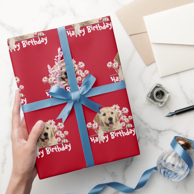Papier Cadeau Anniversaire Golden Retriever sur rouge (Cadeaux)