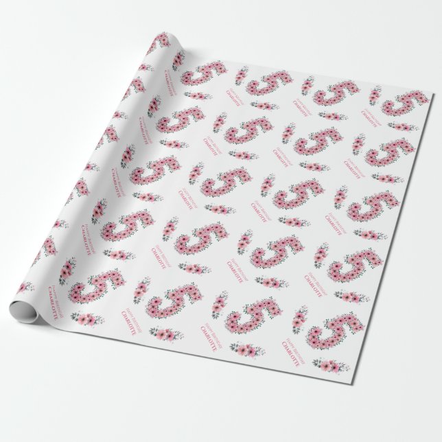 Papier Cadeau Anniversaire Grande 5ème Fille Fleurs roses Volage (Déroulé)