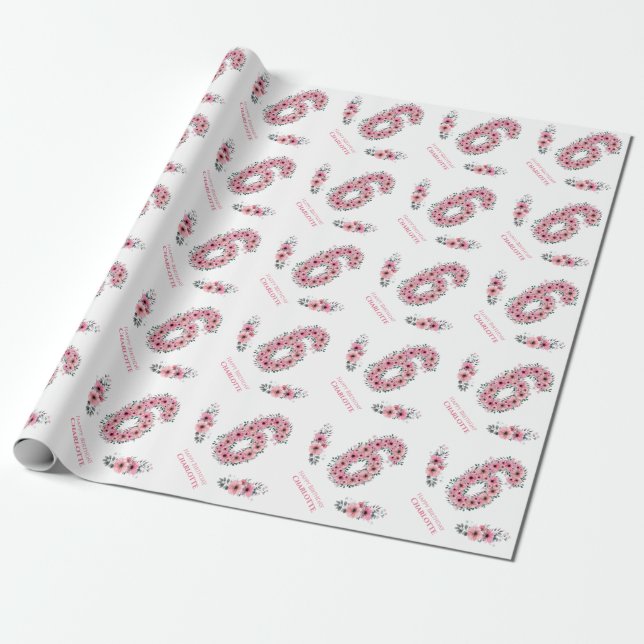 Papier Cadeau Anniversaire Grosse 6e Fleurs roses Fleurs vertes  (Déroulé)