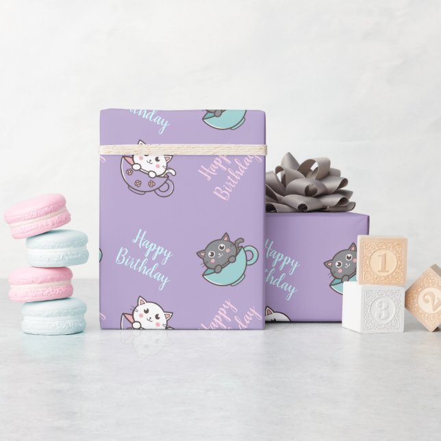 Papier Cadeau Anniversaire mignon chat dans la tasse violet (Baby Shower)