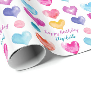 Papier Cadeau Anniversaire personnalisé Joli coeur aquarelle