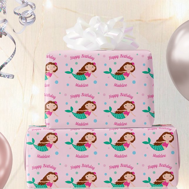 Papier Cadeau Anniversaire personnalisé mignonne sirène rose (Créateur téléchargé)