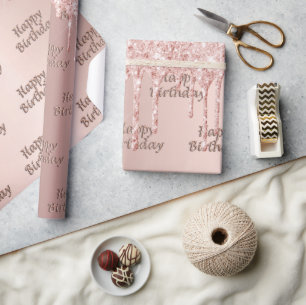 Papier Cadeau Anniversaire rose gouttes d'or rose