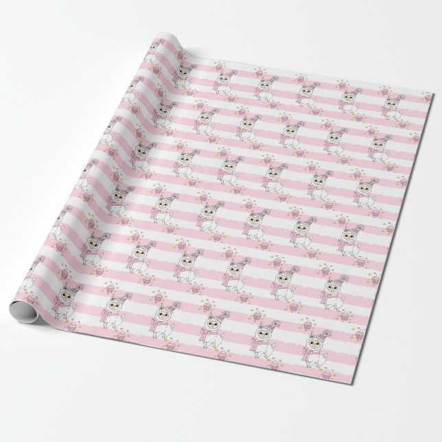 Papier Cadeau Anniversaire rose Lama mignonne (Déroulé)