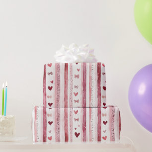Papier Cadeau Anniversaire Rubans Cœurs Rose Rouge Blanc Féminin