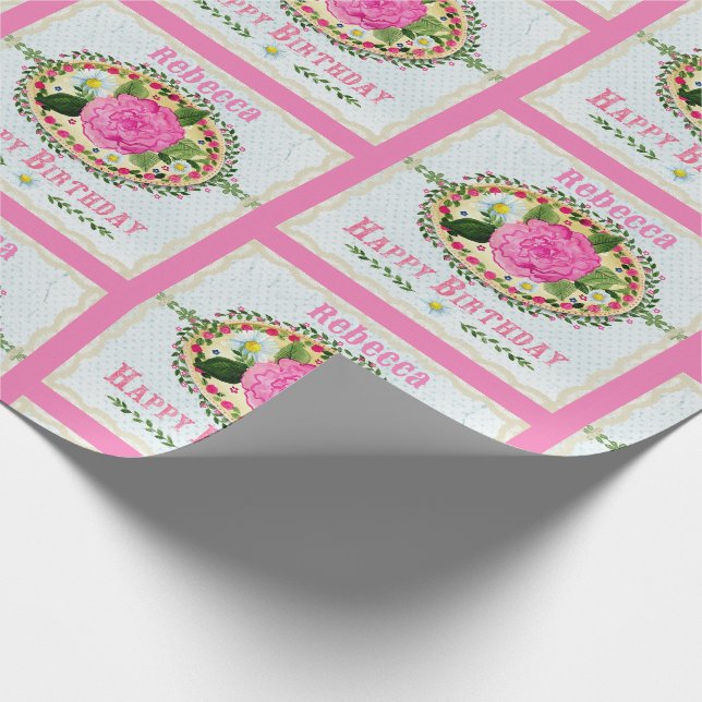 Papier Cadeau Anniversaire Salutation Ajouter un nom Rose (Coin)