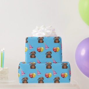 Papier Cadeau Anniversaire Singe et Ballons Enfants