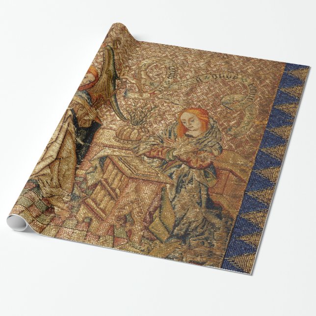 PAPIER CADEAU ANNONCIATION BRODÉRIE D'OR BLEU ANTIQUE (Déroulé)