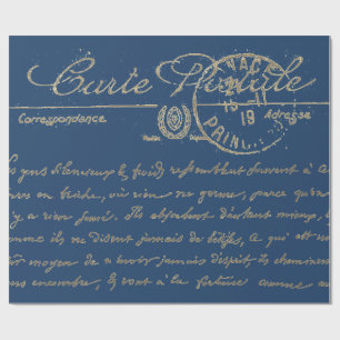 Papier Cadeau Antique Carte Bleue Postale Script français