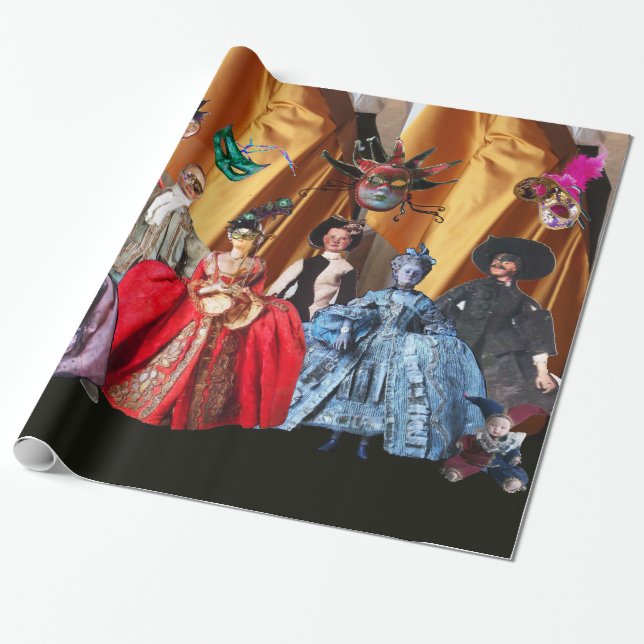 PAPIER CADEAU ANTIQUE ITALIENNE PUPPETS ET MASQUES MASQUERADE PA (Déroulé)