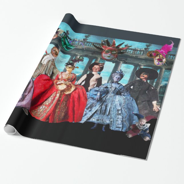 PAPIER CADEAU ANTIQUE ITALIENNE PUPPETS ET MASQUES MASQUERADE PA (Déroulé)
