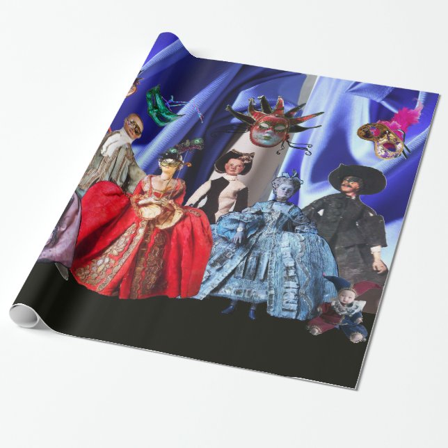 PAPIER CADEAU ANTIQUE ITALIENNE PUPPETS ET MASQUES MASQUERADE PA (Déroulé)