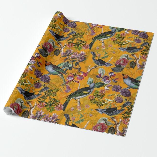 Papier Cadeau Antique jungle de fleurs tropicales et d'oiseaux s (Déroulé)