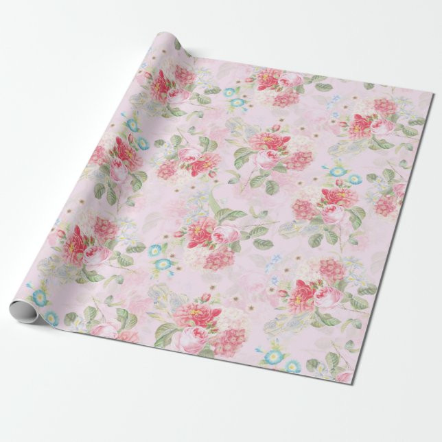 Papier Cadeau Antique Nostalgale Redouté Bouquets Rose rose (Déroulé)