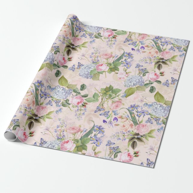 Papier Cadeau Antique Nostalgale Redouté Bouquets Rose sur rose (Déroulé)