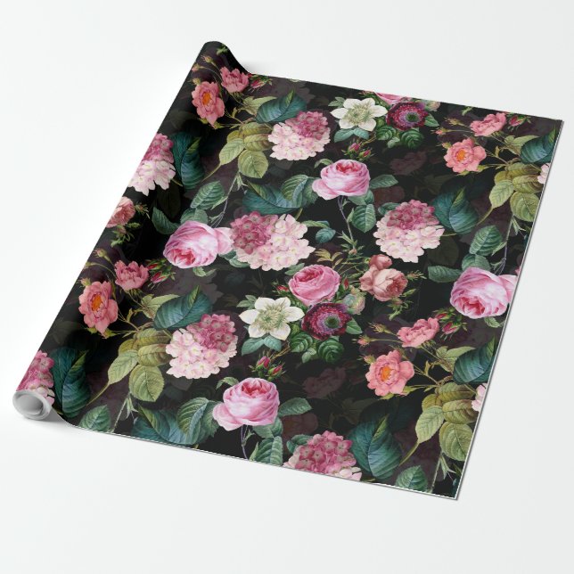 Papier Cadeau Antique Nostalgale Redouté Rose Motif noir (Déroulé)