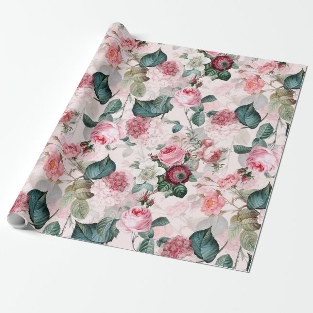 Papier Cadeau Antique Nostalgale Redouté Rose rose Motif (Déroulé)