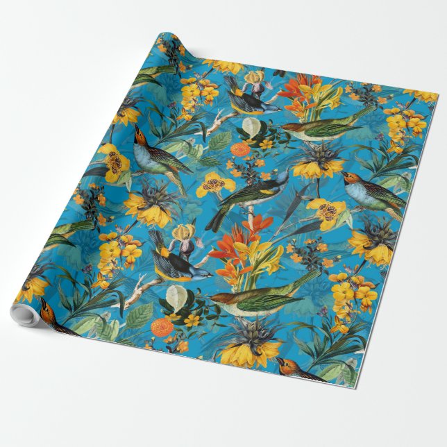 Papier Cadeau Antique Nostalgic Aquarelle Oiseaux et fleurs (Déroulé)