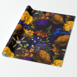 Papier Cadeau Antique Nostalgic violet Fleurs Jaunes Motif