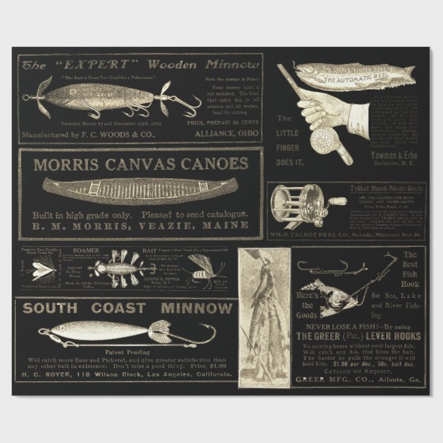 Papier Cadeau Antique Pêche Pêcheur Annonces Vers 1909 Lures Wr (Plat)
