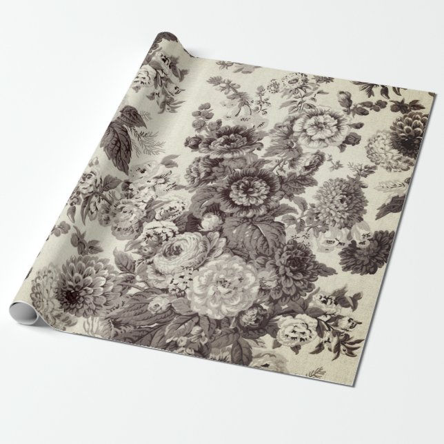 Papier Cadeau Antique ton Brown Vintage Floral Dahlia Peony (Déroulé)