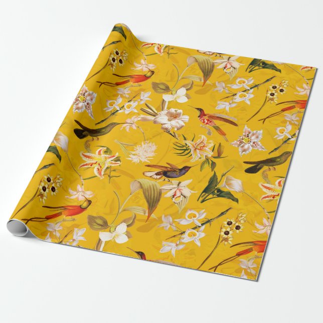 Papier Cadeau Antique Tropical Hummingbird Jungle Motif Jaune (Déroulé)